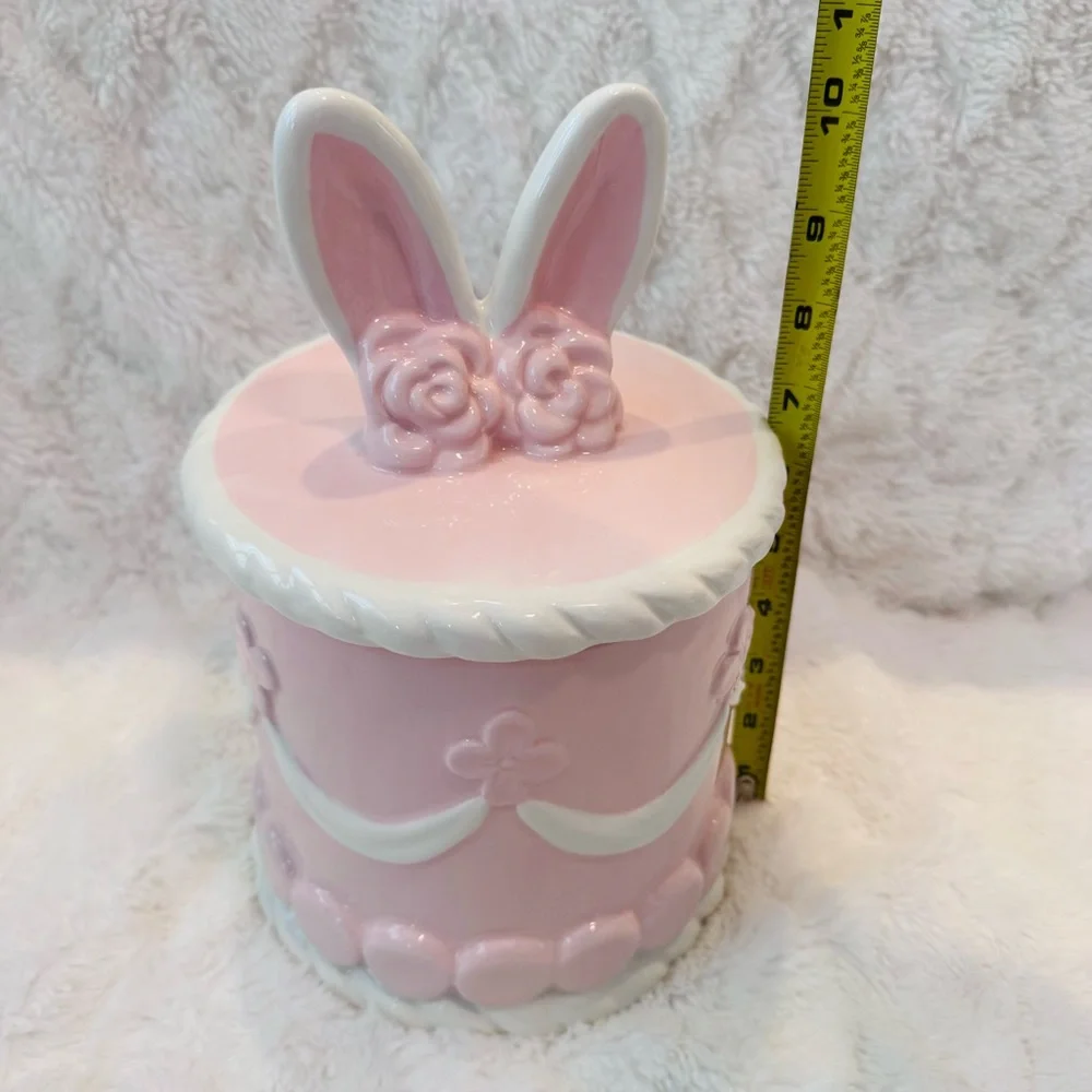 Cookie Jar Easter Cake Shaped Canister Bunny Ears Pink Frosting Ceramic NEW 10”